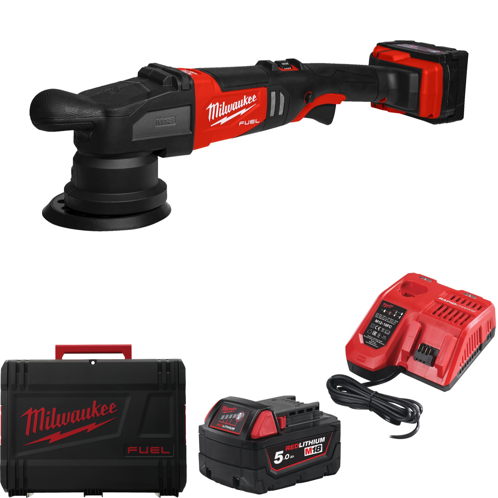 Milwaukee Akku-Exzenter-Polierer M18 FROP15-502X (Scheiben-Ø: 125 mm, Schwingkreis: 15 mm, Drehzahl: 2.650 - 5.100 U/min, mit 2 x 5,0 Ah Akku in HD Box)