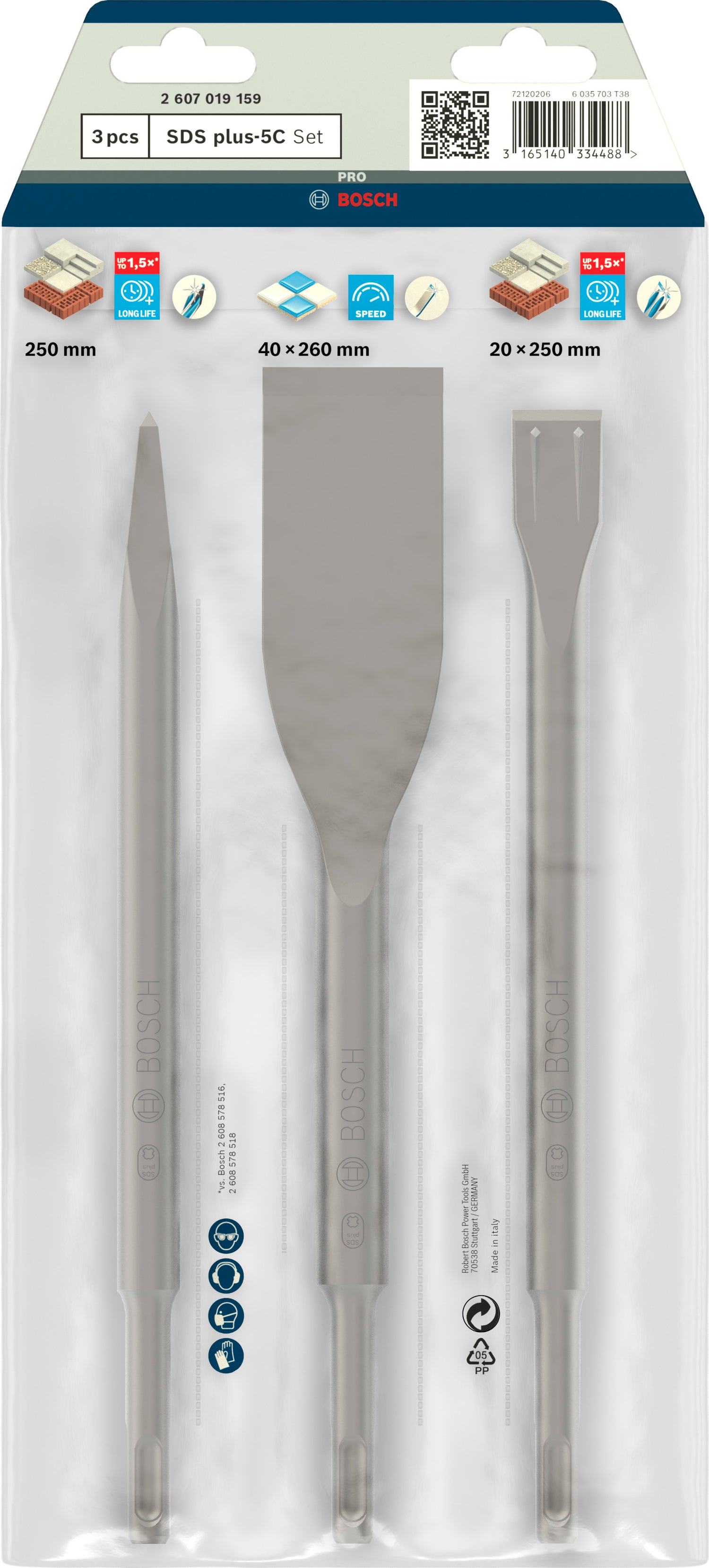 Bosch PRO SDS plus-5C Meißel-Set 3-tlg. (Spitzmeißel 250 mm, Fliesenmeißel 260 mm, Flachmeißel 250 mm)