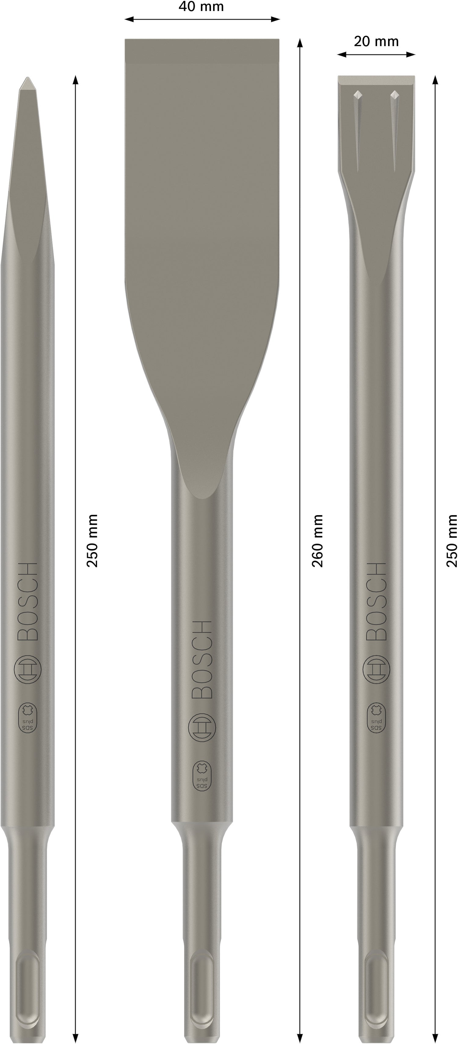 Bosch PRO SDS plus-5C Meißel-Set 3-tlg. (Spitzmeißel 250 mm, Fliesenmeißel 260 mm, Flachmeißel 250 mm)