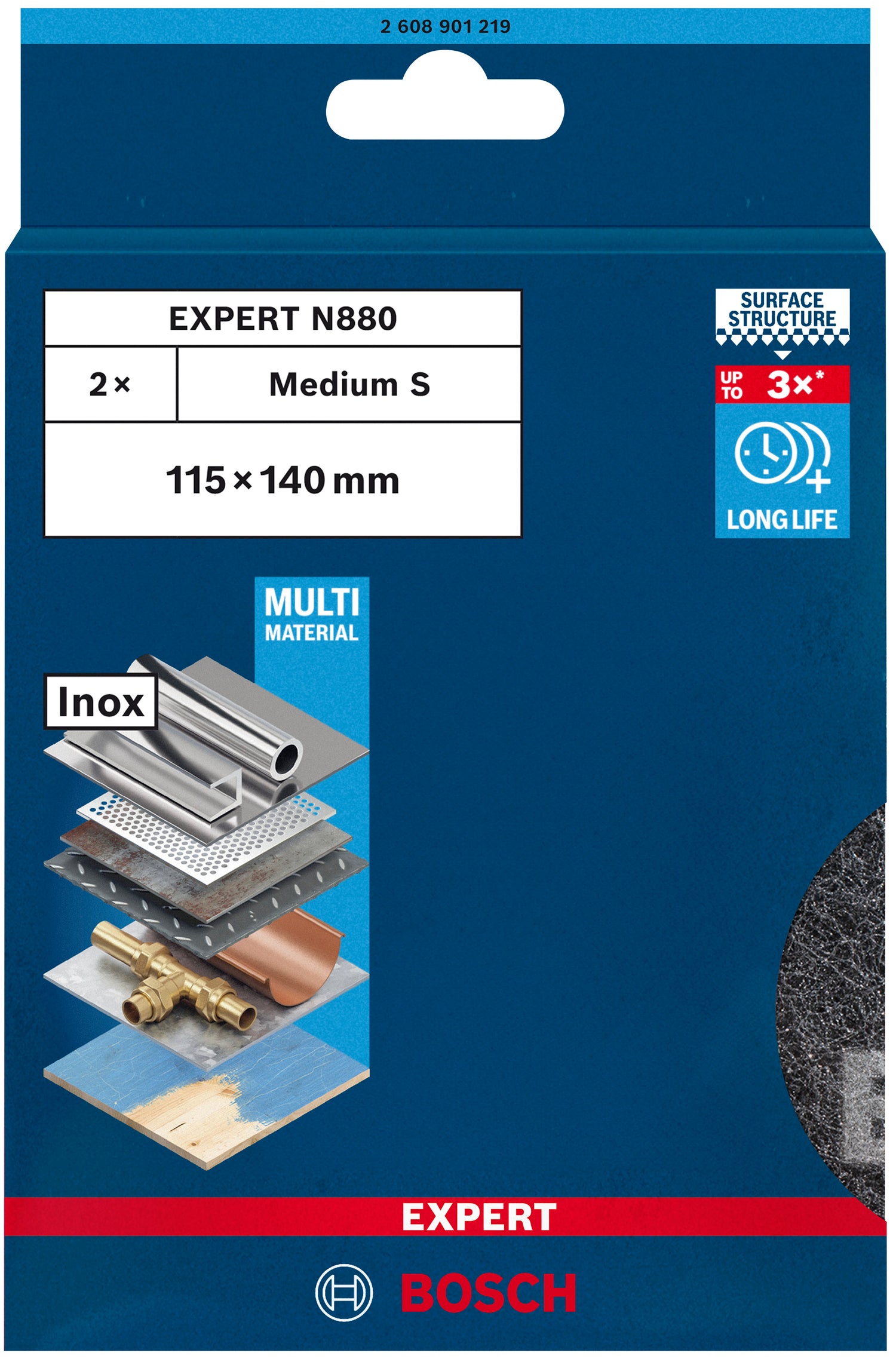 Bosch EXPERT N880 Vliespad zum Handschleifen (2er-Pack, 115 x 140 mm, für Holz, Edelstahl, Metall)