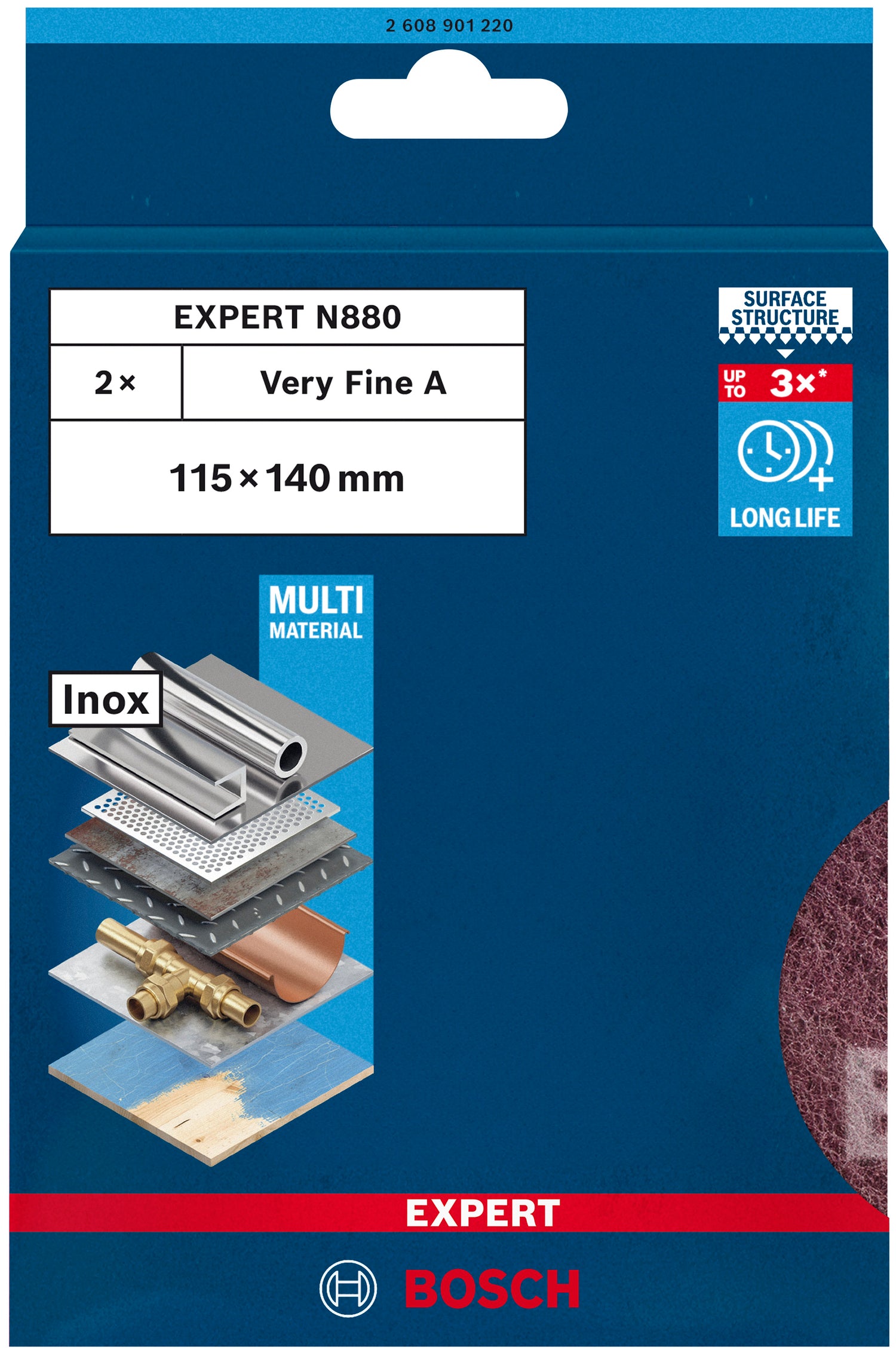 Bosch EXPERT N880 Vliespad zum Handschleifen (2er-Pack, 115 x 140 mm, für Holz, Edelstahl, Metall)
