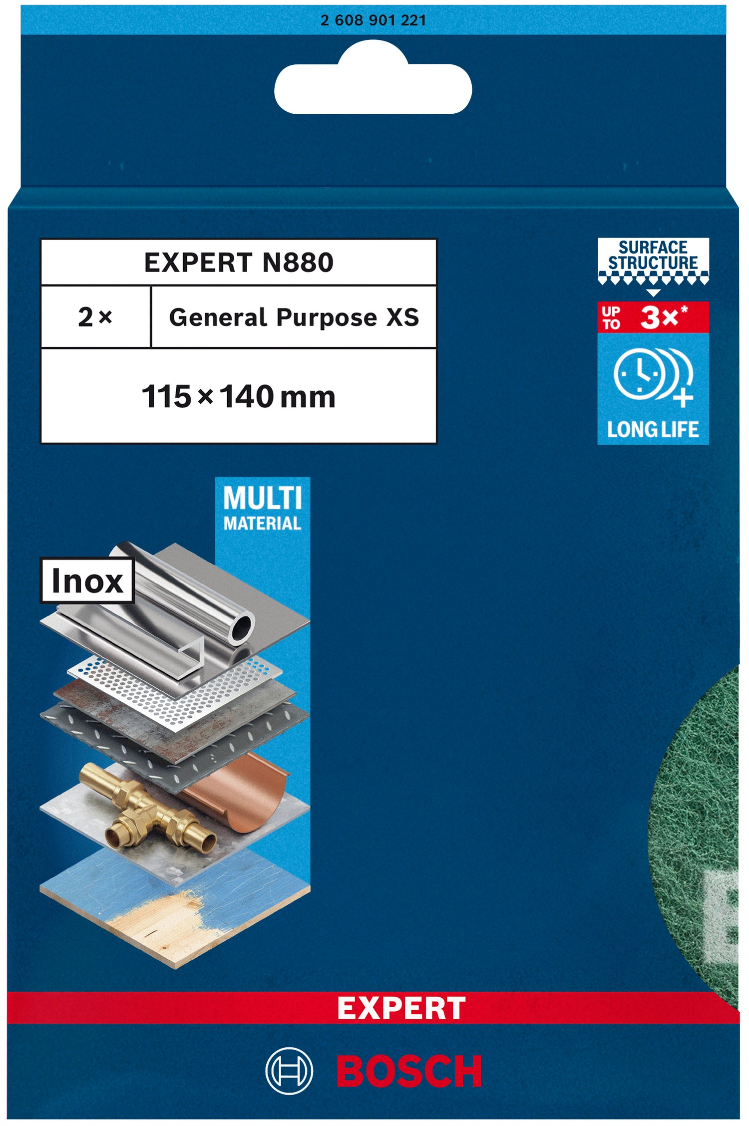 Bosch EXPERT N880 Vliespad zum Handschleifen (2er-Pack, 115 x 140 mm, für Holz, Edelstahl, Metall)
