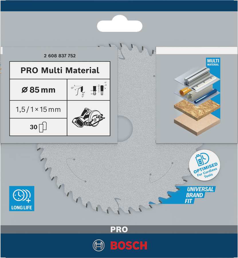 Bosch PRO Kreissägeblatt Multi Material cordless 85 x 1.5/1.0 x 15 mm (30 Zähne, Schnitte in verschiedene Materialien)
