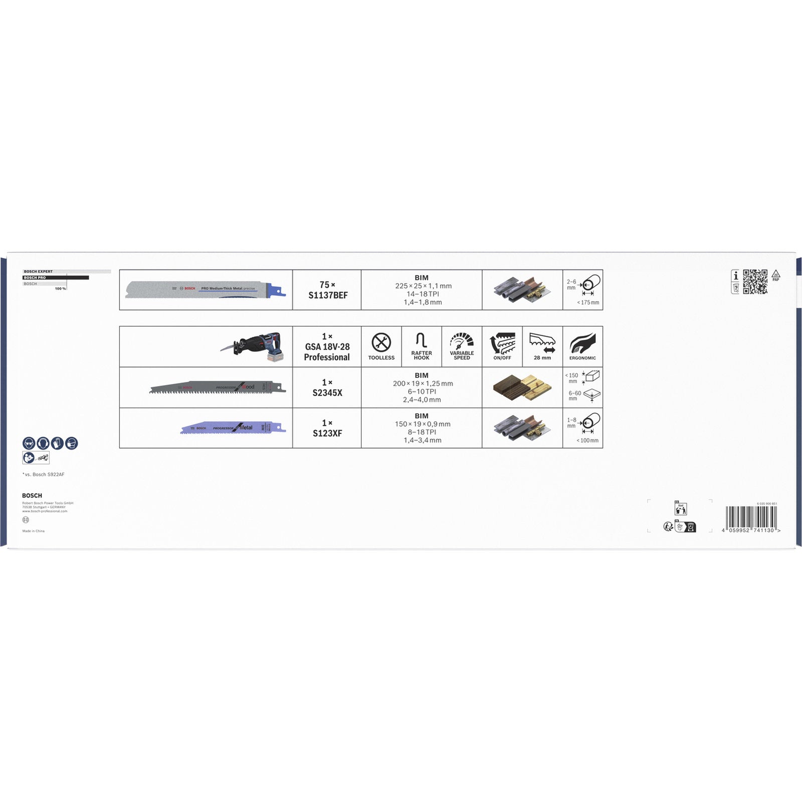 Bosch PRO GSA 18V-28 Akku-Säbelsäge inkl. 75 x S1137BEF Säbelsägeblatt (ohne Akku im Karton)