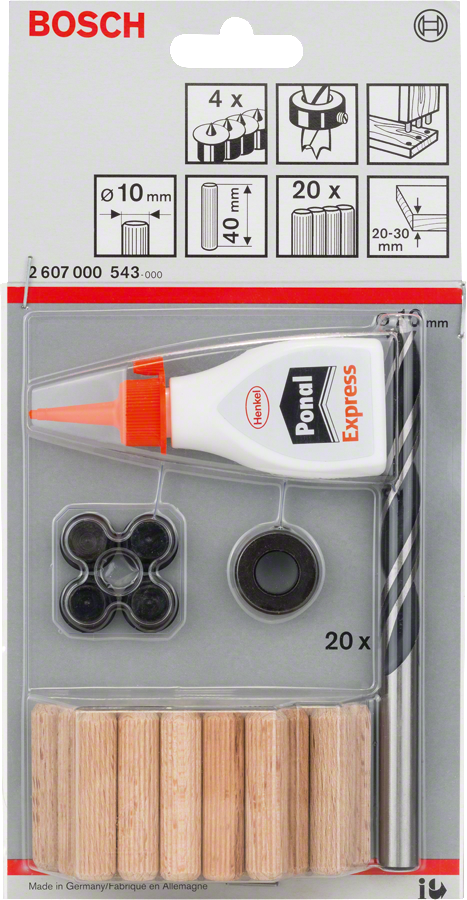 Bosch Holzdübel Set 10 mm (Dübel, Dübelzentrierstifte, Klebstoff, Bohrer 27 tlg.)