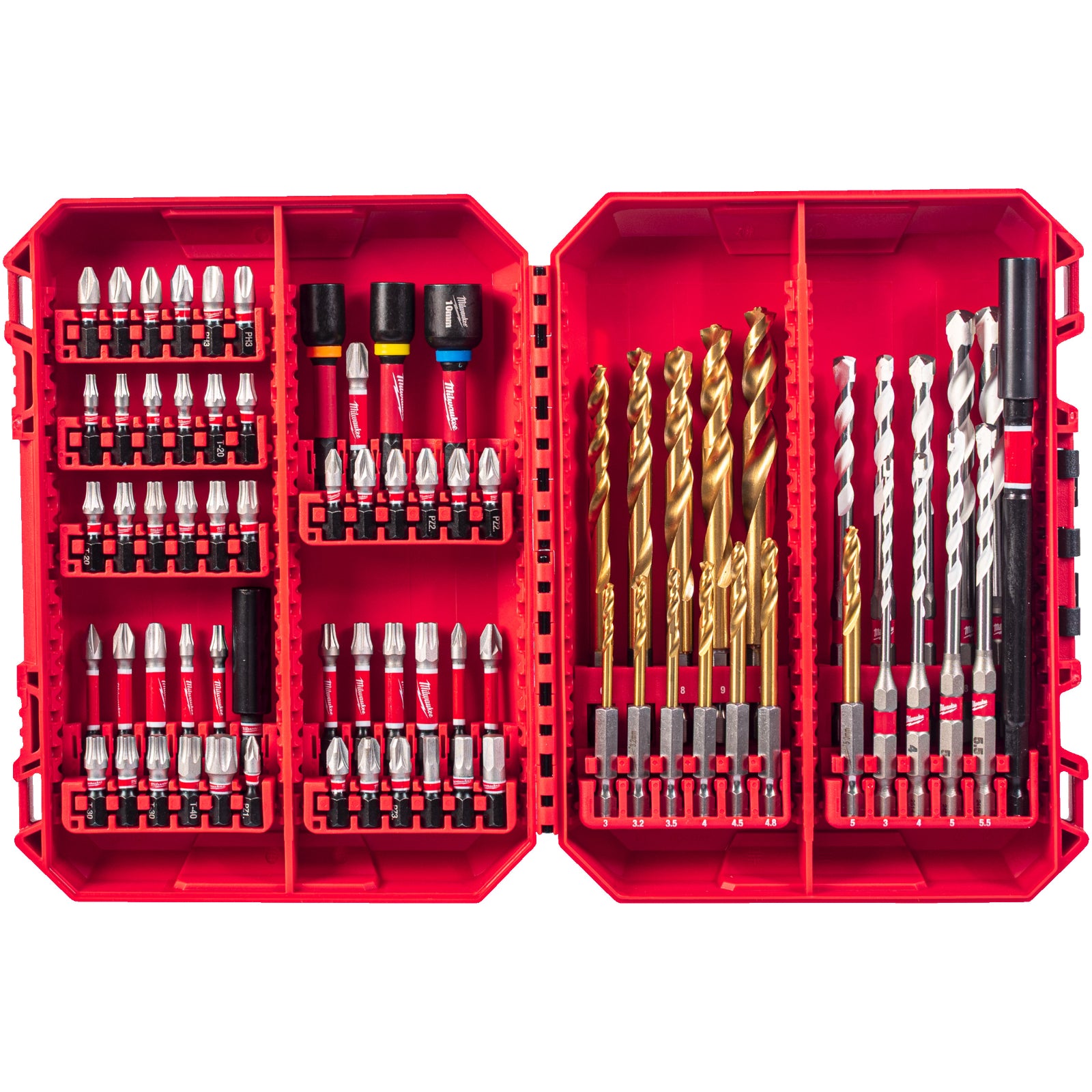 Milwaukee Shockwave Zubehör Set 74 tlg. (Bits 25 mm & 50 mm, Red Hex Metallbohrer, Multimaterialbohrer, Steckschlüssel, Bithalter, Packout Kassette)