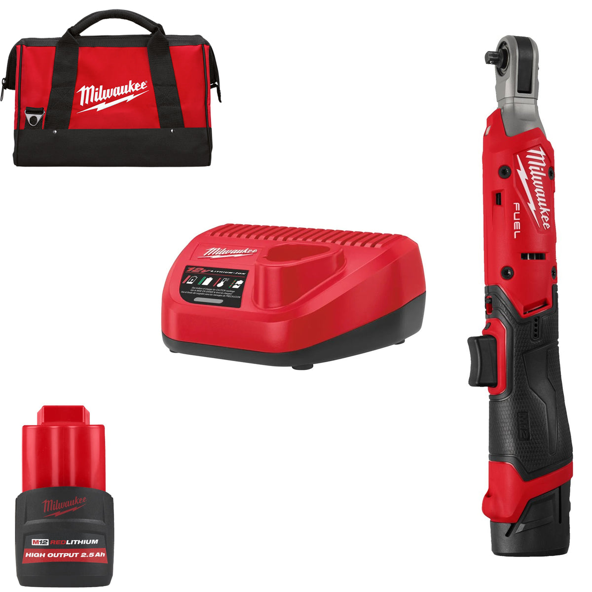 Milwaukee Akku-Ratsche M12 FIR14G2-252B (Aufnahme: 1/4"-Vierkant, Drehmoment: 61 Nm, Drehzahl: 0-550 U/min, inkl. 2 x 2,5 Ah Akku in Tasche)