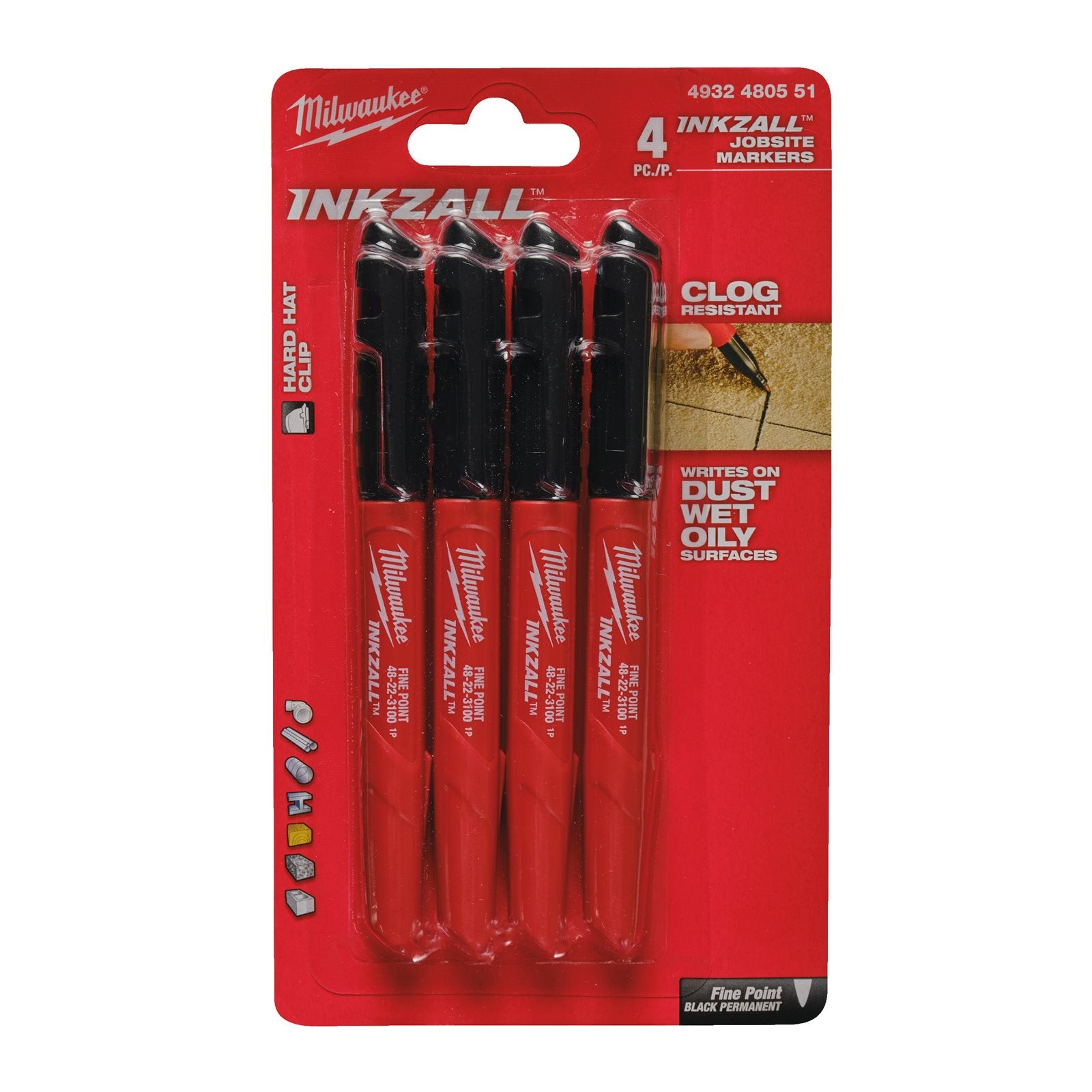 Milwaukee INKZALL Permanentmarker schwarz 4-tlg. (Baumarker, widerstandsfähige Spitze, schnell trocknende Tinte)