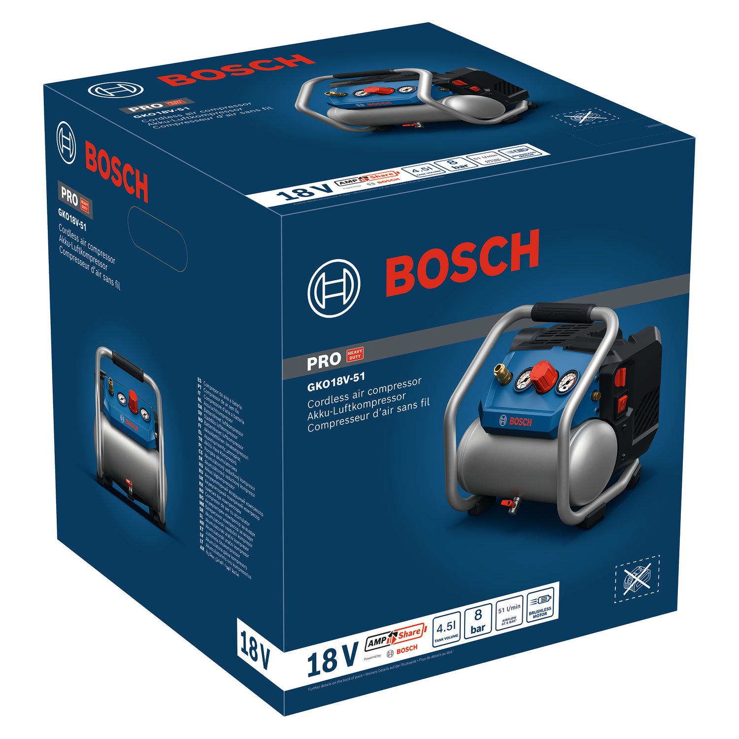 Bosch PRO Akku-Kompressor GKO18V-51 (Max. Druck: 8 bar, Ölfrei, 2 Druckeinstellungen, Füllmenge: 4,5 l, ohne Akku)