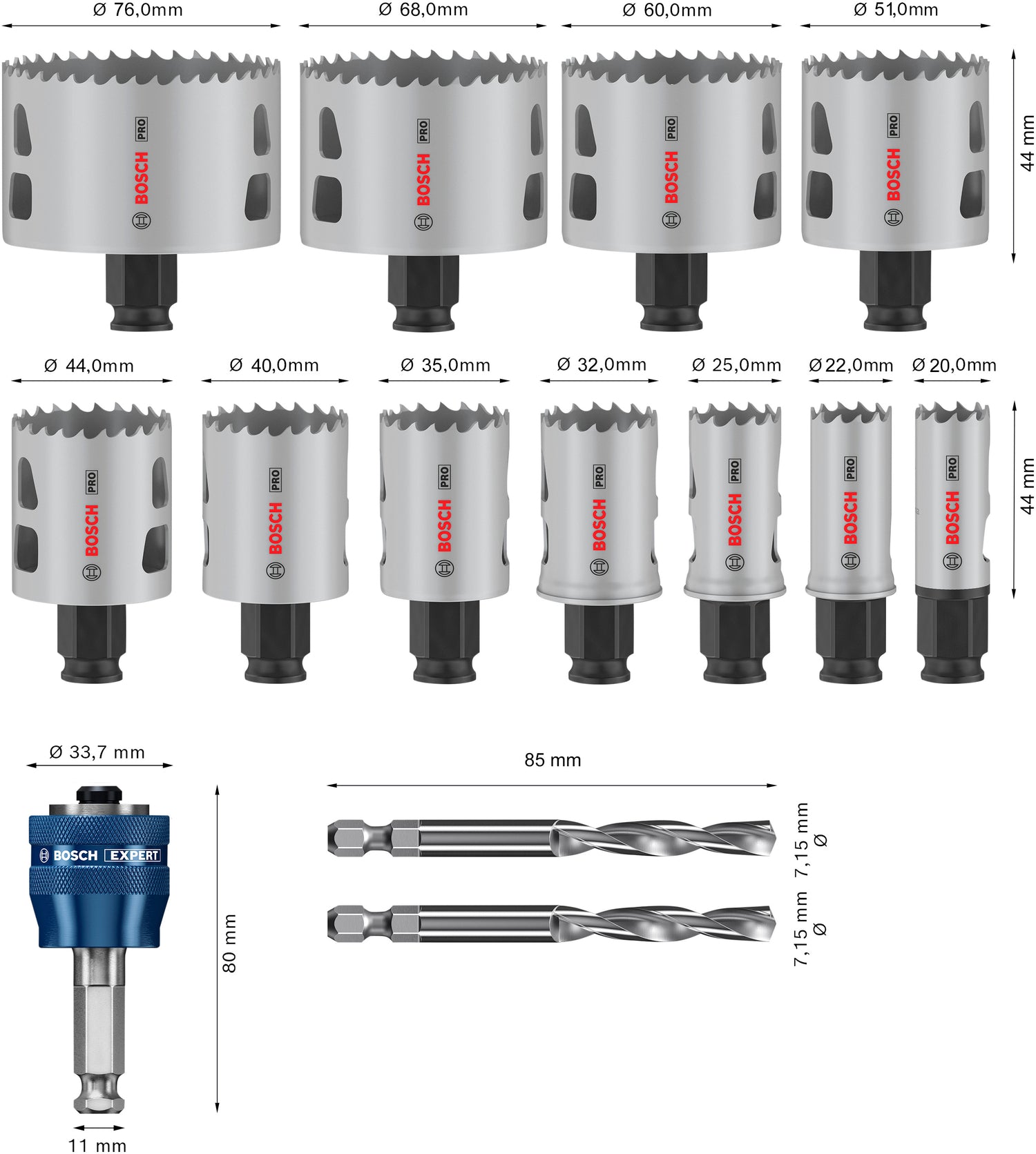 Bosch PRO Multi Material PC Plus Lochsägen-Set 14-tlg. (Ø 20 / 22 / 25 / 32 / 35 / 40 / 44 / 51 / 60 / 68 / 76 mm, 2 x HSS-G Zentrierbohrer, 1 x Power Change Plus Adapter, im Koffer)