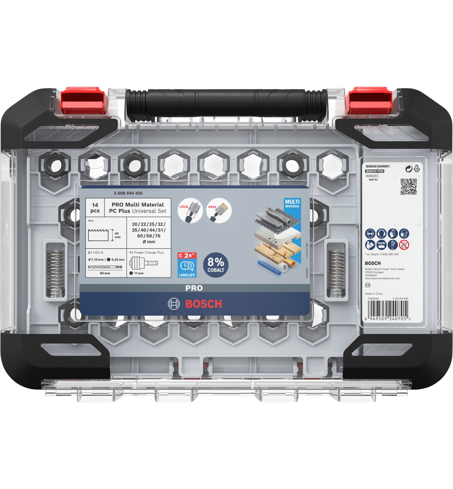 Bosch PRO Multi Material PC Plus Lochsägen-Set 14-tlg. (Ø 20 / 22 / 25 / 32 / 35 / 40 / 44 / 51 / 60 / 68 / 76 mm, 2 x HSS-G Zentrierbohrer, 1 x Power Change Plus Adapter, im Koffer)