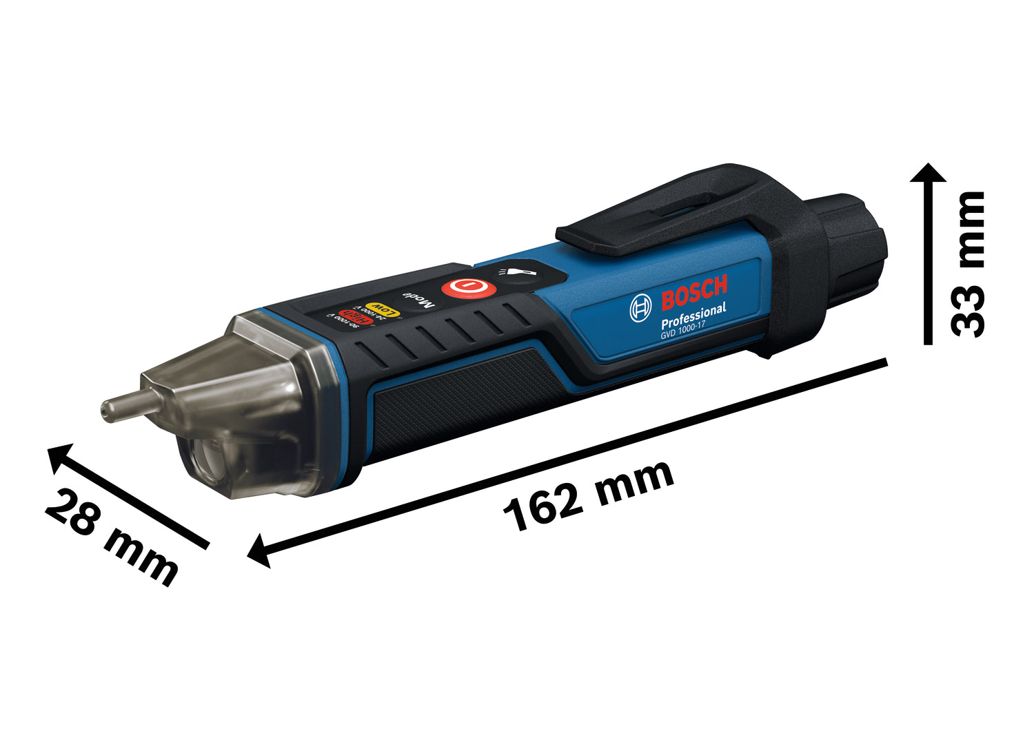 Bosch PRO Spannungsprüfer GVD 1000-17 (berührungslos, Zwei Spannungsbereiche: 24 - 1000 / 90 - 1000 V AC, CAT IV, IP67, LED-Anzeige, inkl. Batterien)