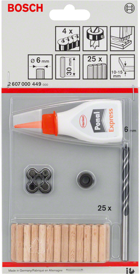 Bosch Holzdübel Set 6 mm (Dübel, Dübelzentrierstifte, Klebstoff, Bohrer 32 tlg.)
