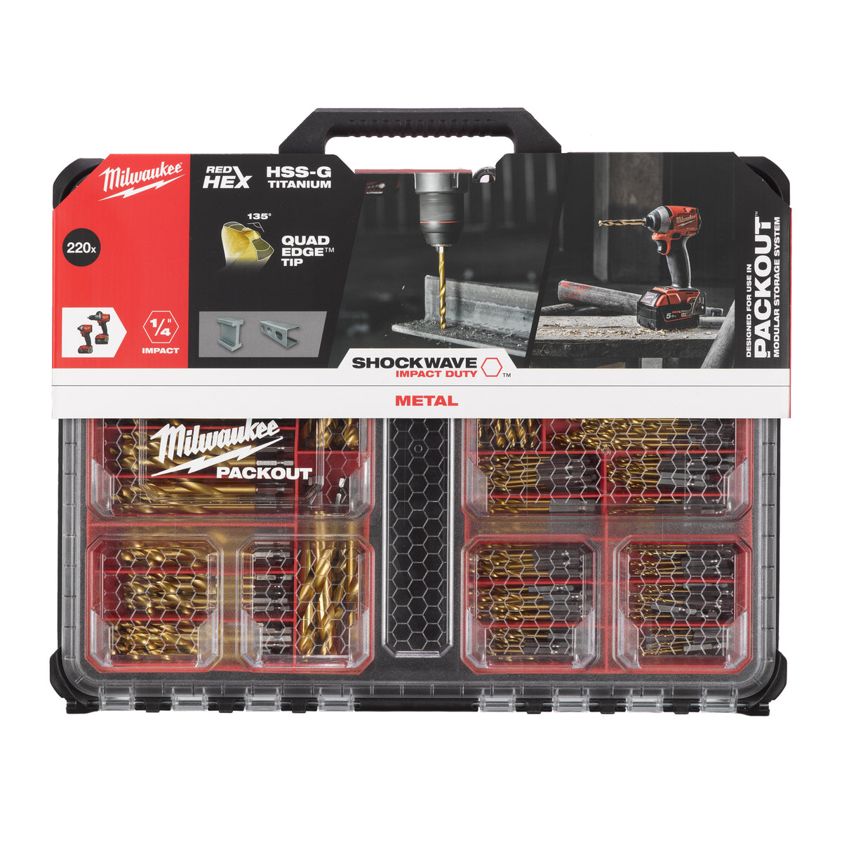 Milwaukee RED HEX Shockwave HSS-G TiN Metallbohrer Set 220-tlg. in Packout Slim Organiser (Ø 2,0 - 13,0 mm, 1/4" HEX)