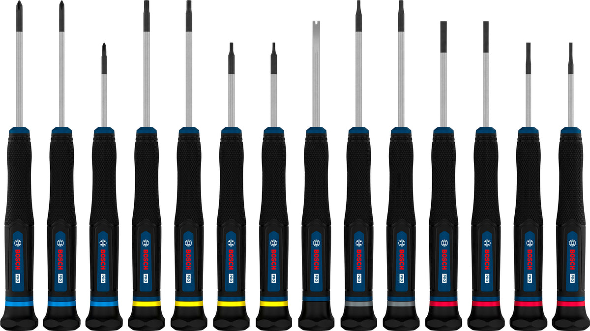 Bosch PRO Präzisionsschraubendreher PH/SL/TX/TH/H Set, 14-tlg. (S2-Stahlwelle, 2-Komponenten-Griff, Farbcodiert, inkl. Tasche)