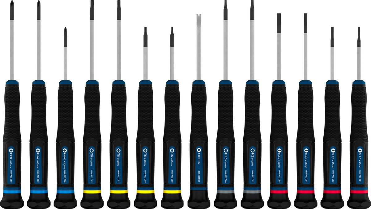 Bosch PRO Präzisionsschraubendreher PH/SL/TX/TH/H Set, 14-tlg. (S2-Stahlwelle, 2-Komponenten-Griff, Farbcodiert, inkl. Tasche)