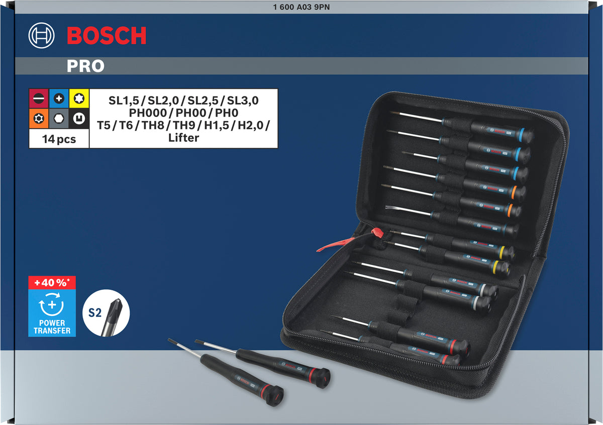 Bosch PRO Präzisionsschraubendreher PH/SL/TX/TH/H Set, 14-tlg. (S2-Stahlwelle, 2-Komponenten-Griff, Farbcodiert, inkl. Tasche)