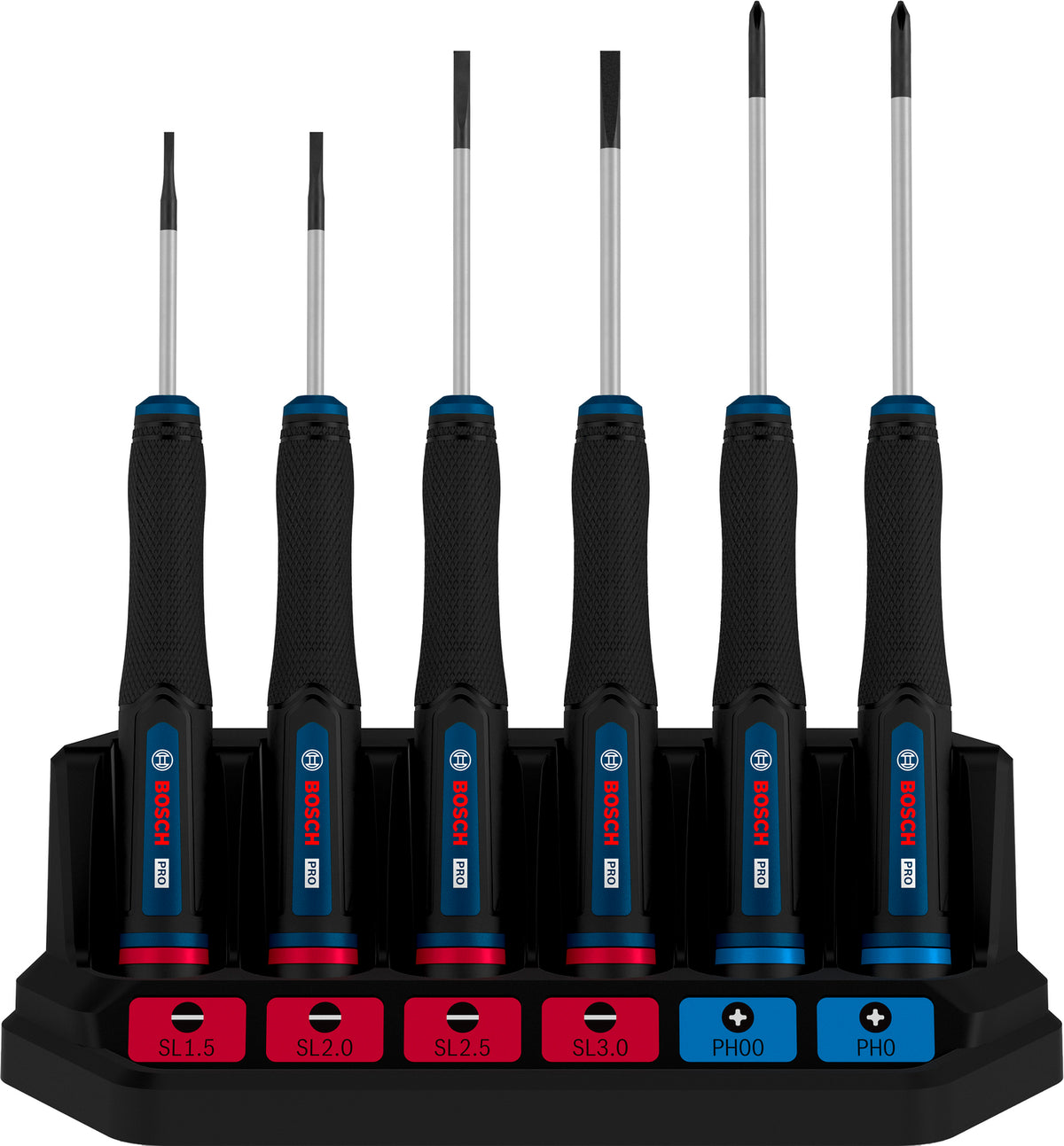 Bosch PRO Präzisionsschraubendreher PH/SL Set, 6-tlg. (S2-Stahlwelle, 2-Komponenten-Griff, Farbcodiert, inkl. Ständer)