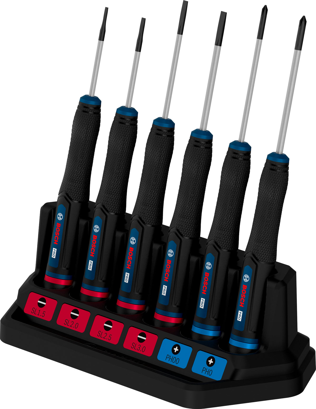 Bosch PRO Präzisionsschraubendreher PH/SL Set, 6-tlg. (S2-Stahlwelle, 2-Komponenten-Griff, Farbcodiert, inkl. Ständer)
