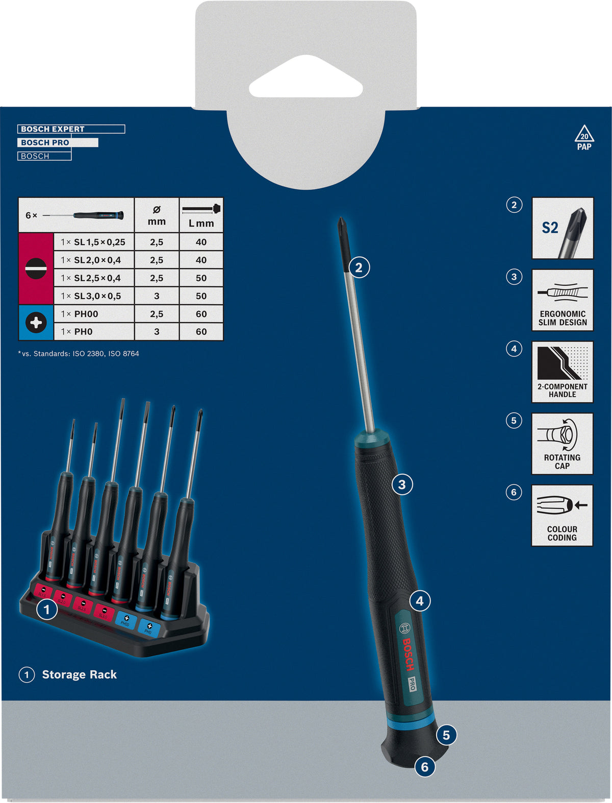 Bosch PRO Präzisionsschraubendreher PH/SL Set, 6-tlg. (S2-Stahlwelle, 2-Komponenten-Griff, Farbcodiert, inkl. Ständer)