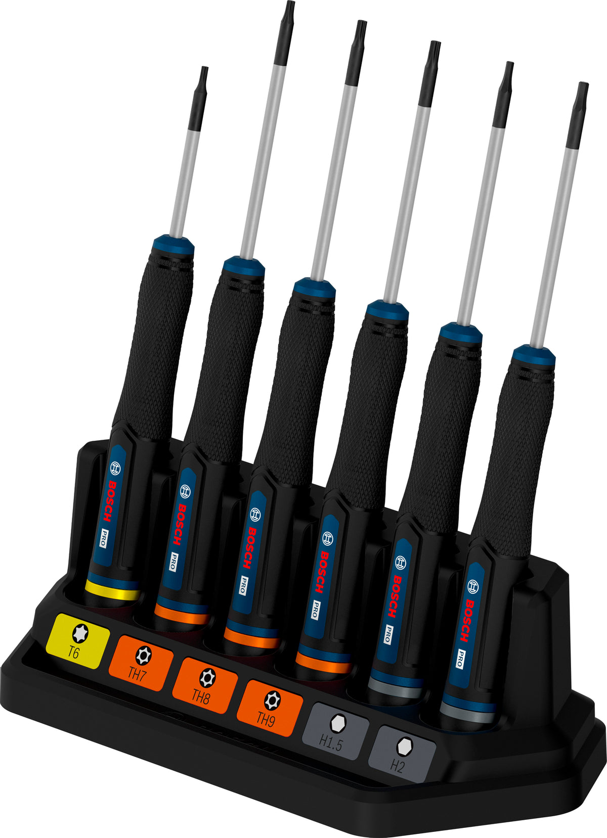 Bosch PRO Präzisionsschraubendreher TX/TH/H Set, 6-tlg. (S2-Stahlwelle, 2-Komponenten-Griff, Farbcodiert, inkl. Ständer)