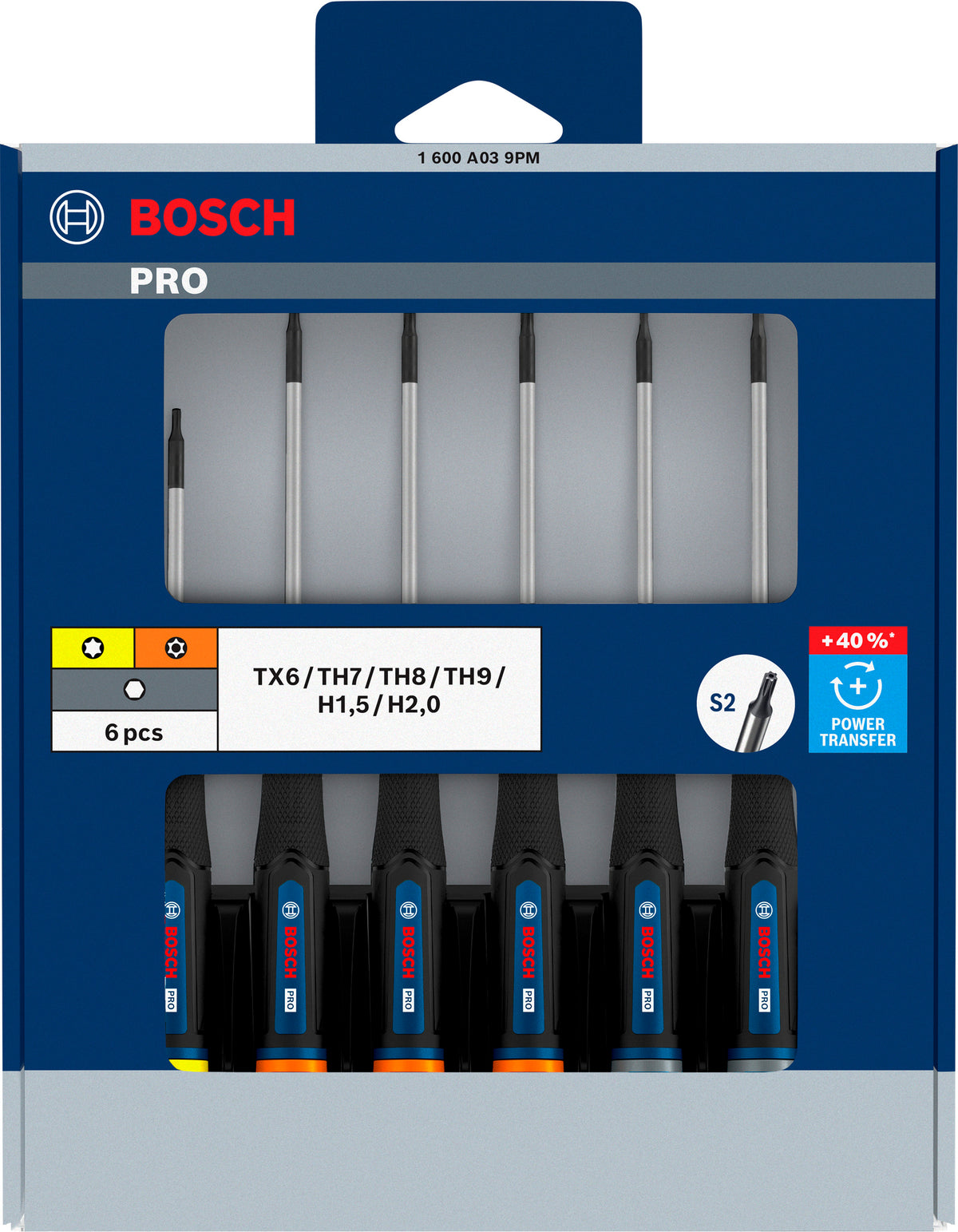 Bosch PRO Präzisionsschraubendreher TX/TH/H Set, 6-tlg. (S2-Stahlwelle, 2-Komponenten-Griff, Farbcodiert, inkl. Ständer)