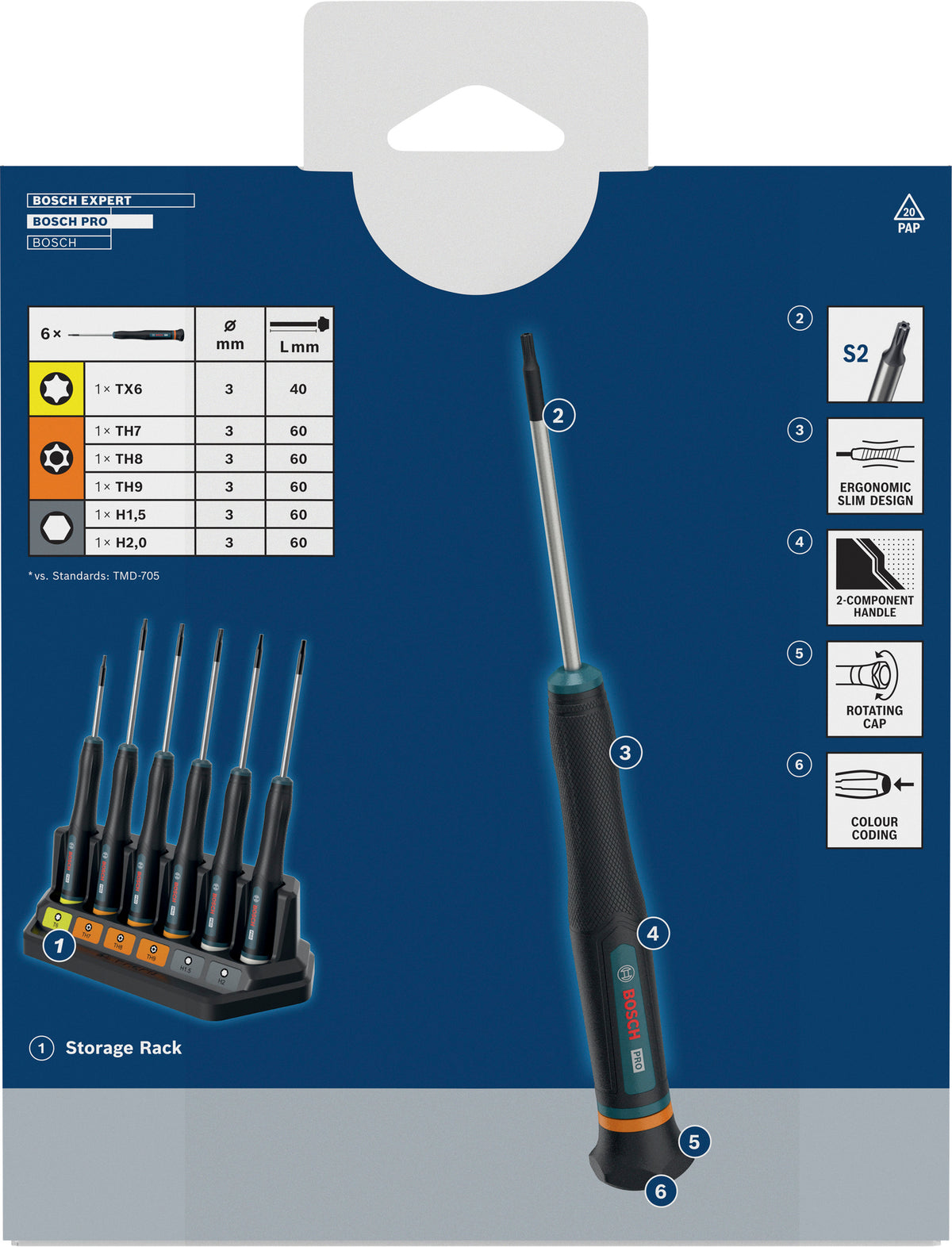Bosch PRO Präzisionsschraubendreher TX/TH/H Set, 6-tlg. (S2-Stahlwelle, 2-Komponenten-Griff, Farbcodiert, inkl. Ständer)