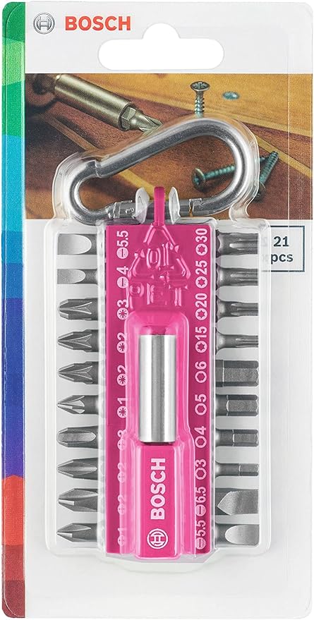 Bosch DIY Schrauberbitset magnetisch mit Snap-hook Karabiner pink 21 tlg.