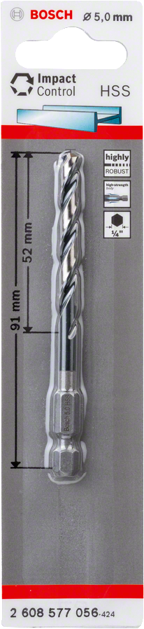 Bosch Professional Impact Control HSS Metallbohrer mit Sechskantschaft Ø 5x52x91 mm