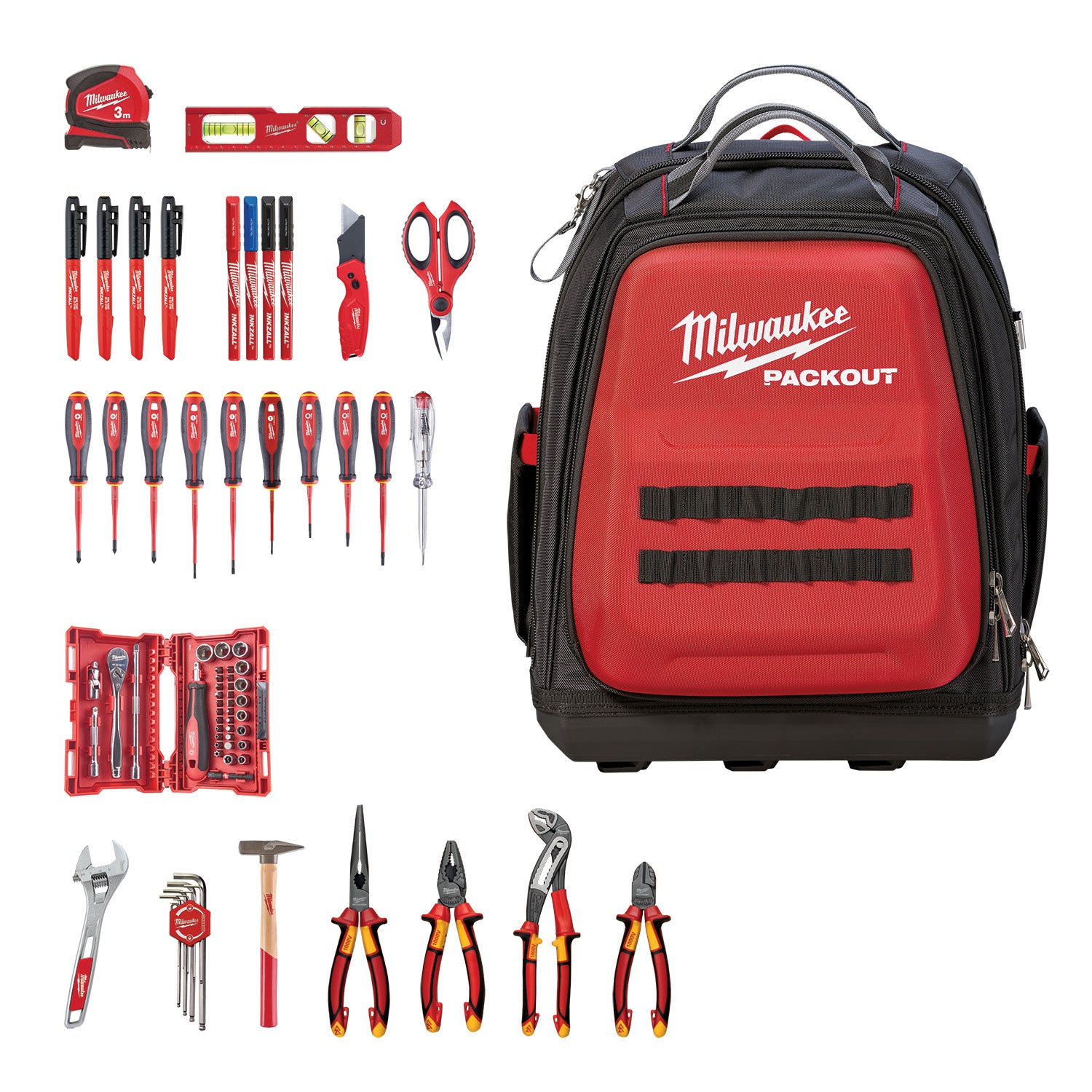 Milwaukee® Packout Rucksack Elektriker Set mit Zangen, Hammer, Wasserwaage etc. 76 tlg.