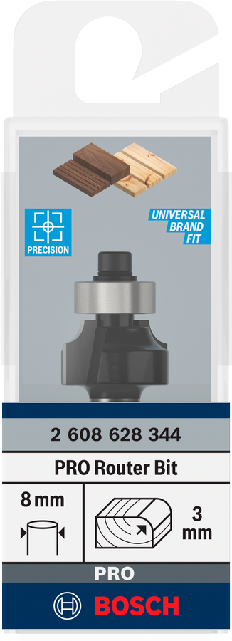 Bosch Pro Abrundfräser 8 mm, R1 3 mm, L 10,2 mm, G 53 mm (2608628344)
