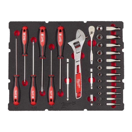 Milwaukee® Einlage für Packout Koffer mit Schubladen 1/4" Ratschen- u. Steckschlüsseleinsätze, Tri-Lobe-Schraubendreher & Rollgabelschlüssel 35 tlg.