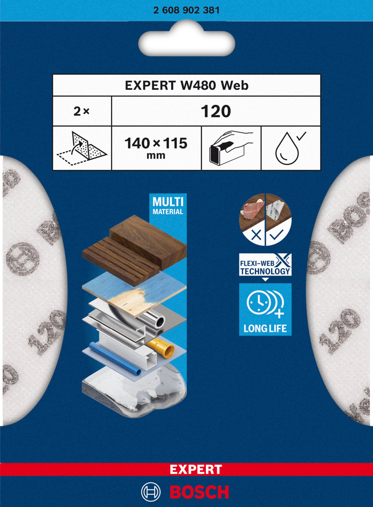 Bosch EXPERT W480 Web 1/4 Handschleifblatt (2er-Pack, 115 x 140 mm, Effizientes Schleifen verschiedenster Materialien, Flexi-Web-Technologie)