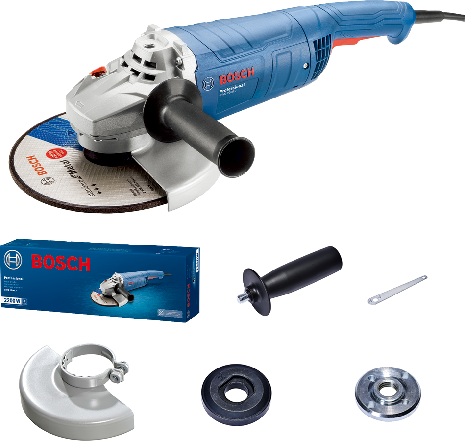 Bosch Professional GWS 2200 J Winkelschleifer 230 mm mit 2200 W und Zubehör im Karton