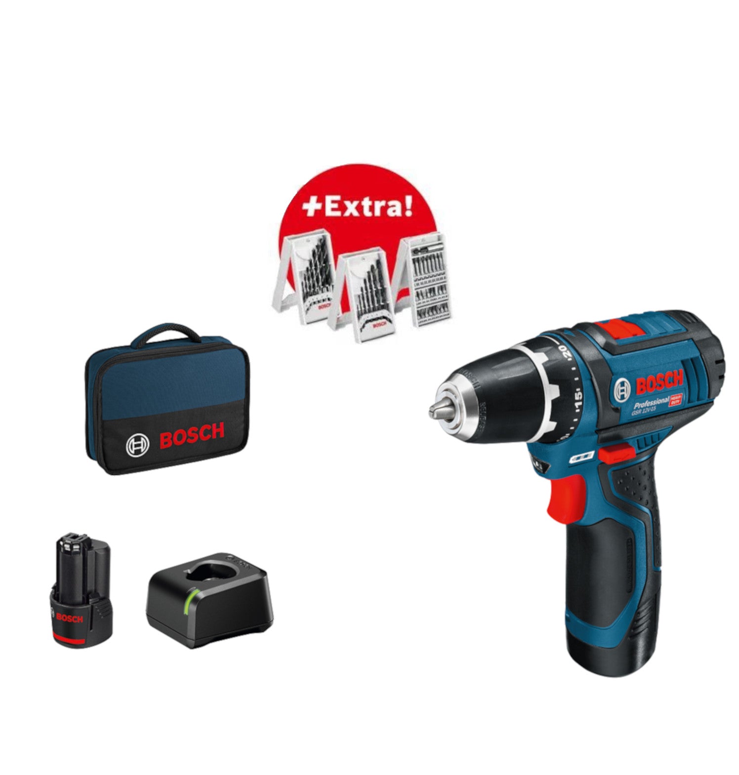 Bosch Professional GSR 12V-15 Akku-Schrauber 2 x 2.0 Ah + 39-tlg. Zubehör in Tasche