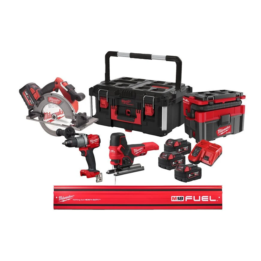 Milwaukee® M18 FPP4L-124P Akku-Werkzeugset mit Bohrschrauber, Stichsäge, Handkreissäge, Sauger in Packout Koffer