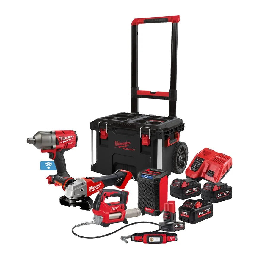 Milwaukee® M18 FPP5C-555P M18 FUEL-Power Set Winkelschleifer, Fettpresse, Radio, Schlagschrauber und Stirnleuchte in Packout Trolley
